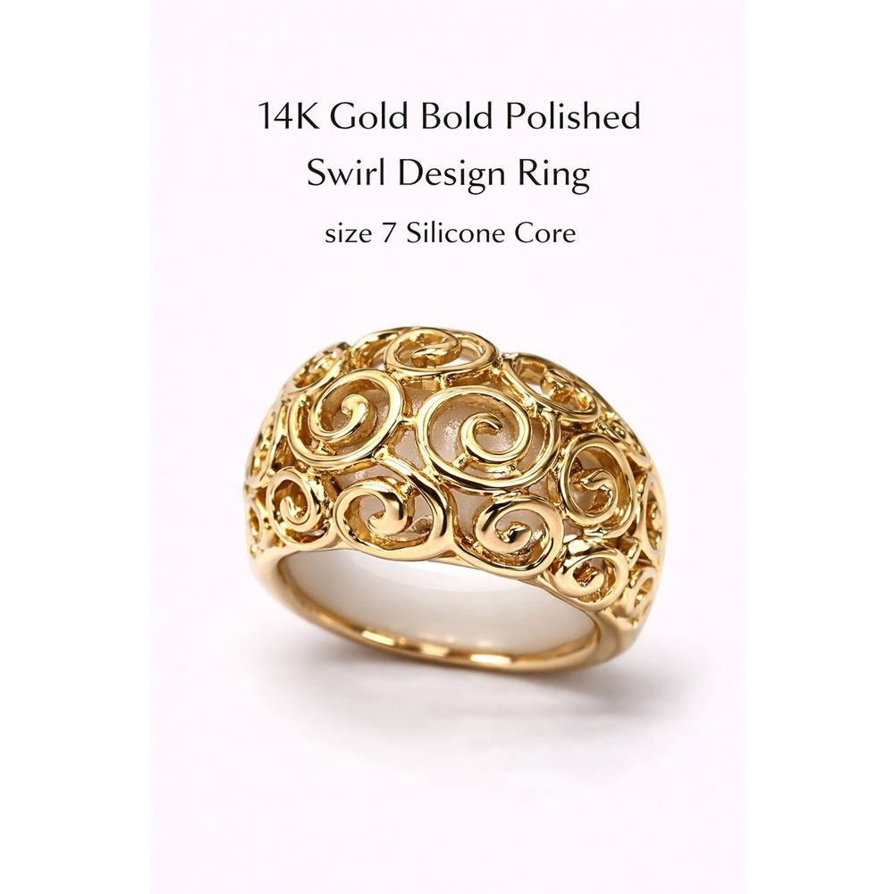 14K Yellow Gold Bold Polished Swirl Design Dome Ring Size 7 Silicone Core Wide